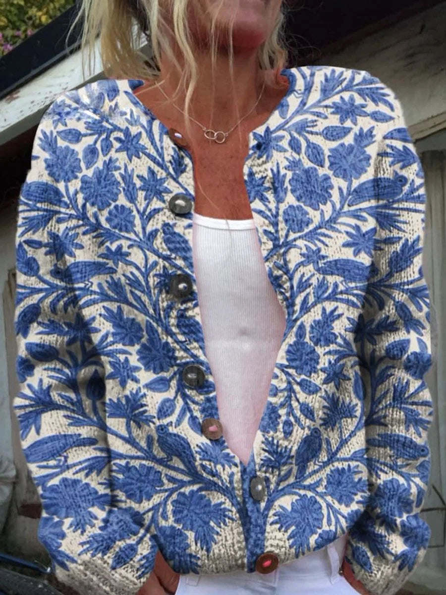 Charlotte | Damen Langarm Strick-Cardigan mit Blumenmuster