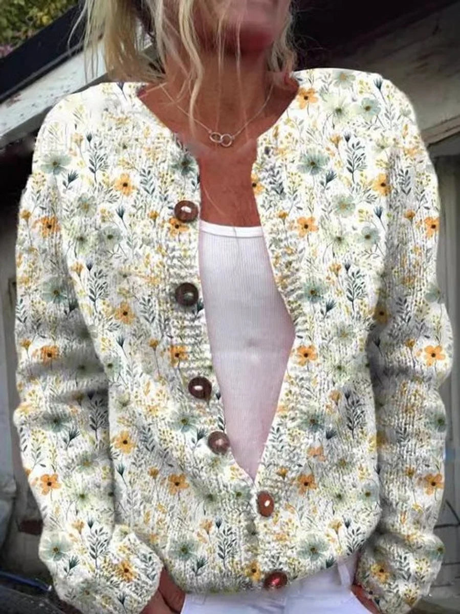 Charlotte | Damen Langarm Strick-Cardigan mit Blumenmuster