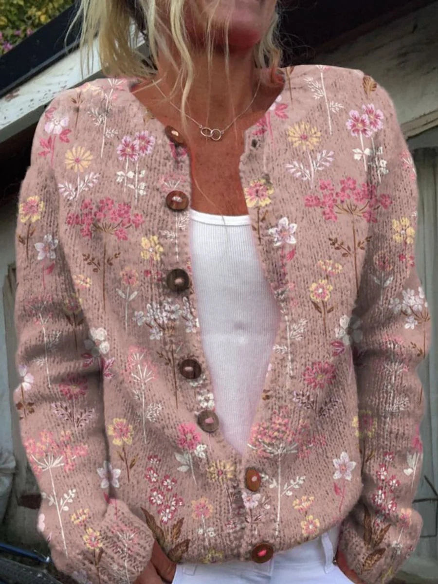 Charlotte | Damen Langarm Strick-Cardigan mit Blumenmuster