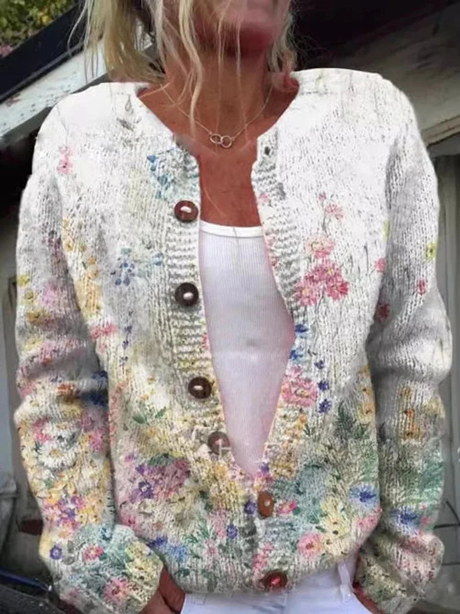 Charlotte | Damen Langarm Strick-Cardigan mit Blumenmuster