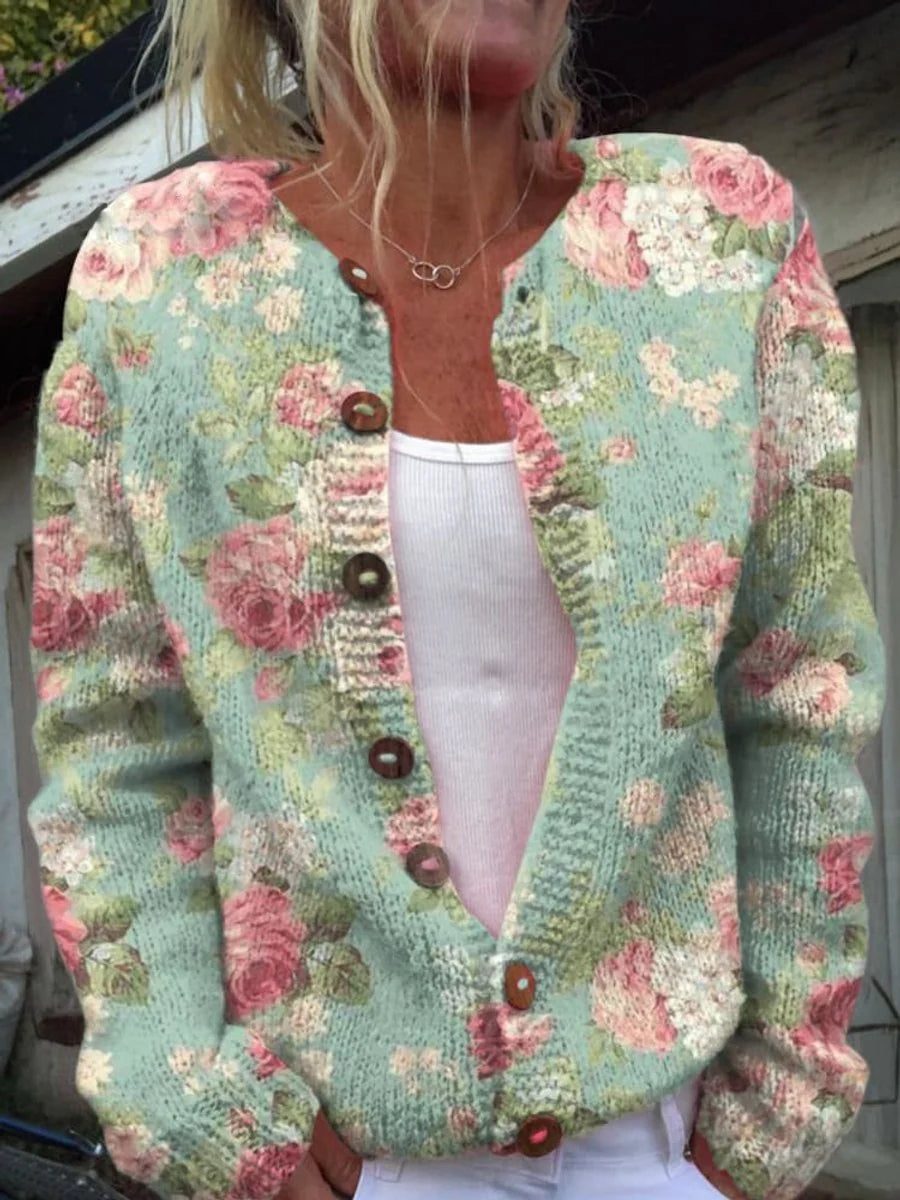Charlotte | Damen Langarm Strick-Cardigan mit Blumenmuster