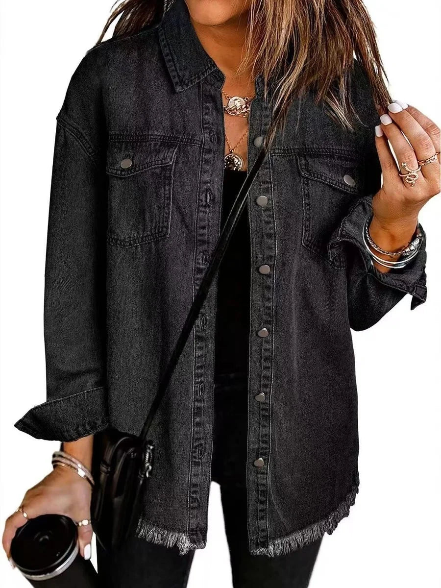 Charlotte | Damen Oversized Jeansjacke Langarm mit Knopfleiste und Fransen