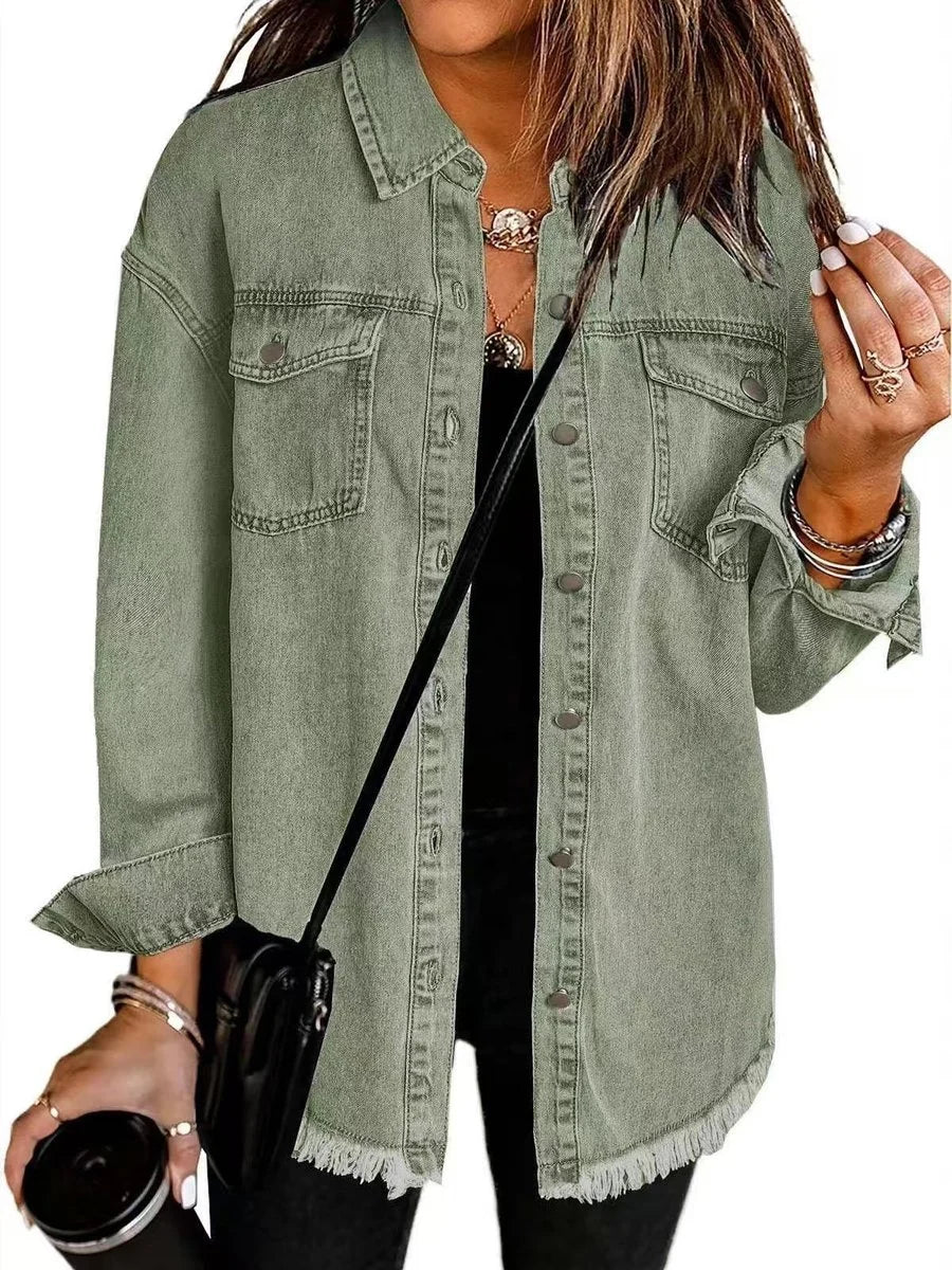 Charlotte | Damen Oversized Jeansjacke Langarm mit Knopfleiste und Fransen
