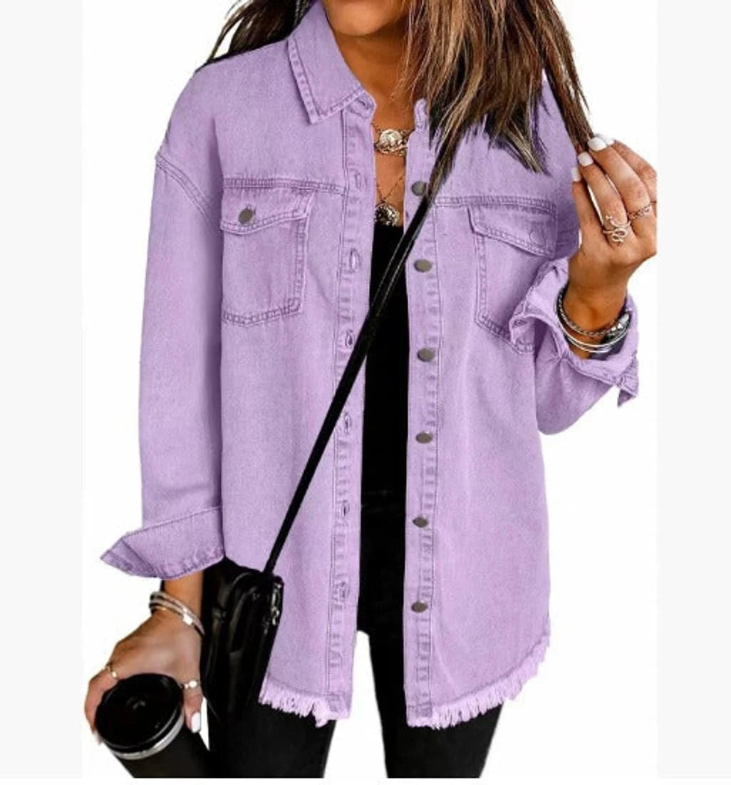 Charlotte | Damen Oversized Jeansjacke Langarm mit Knopfleiste und Fransen