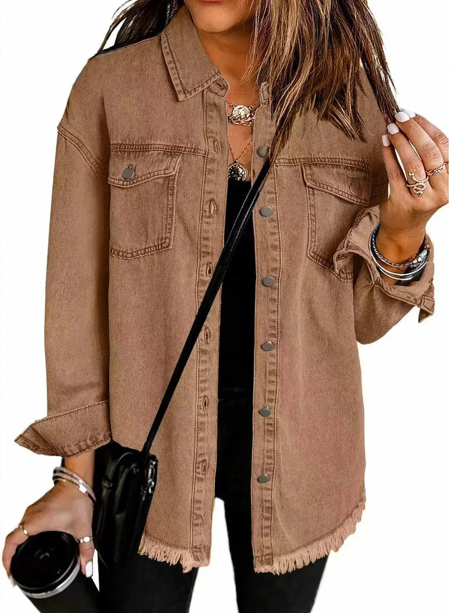 Charlotte | Damen Oversized Jeansjacke Langarm mit Knopfleiste und Fransen