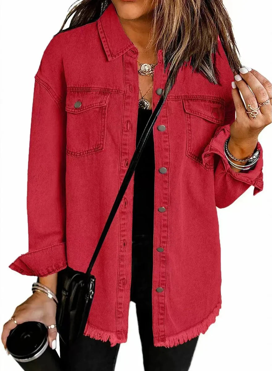 Charlotte | Damen Oversized Jeansjacke Langarm mit Knopfleiste und Fransen