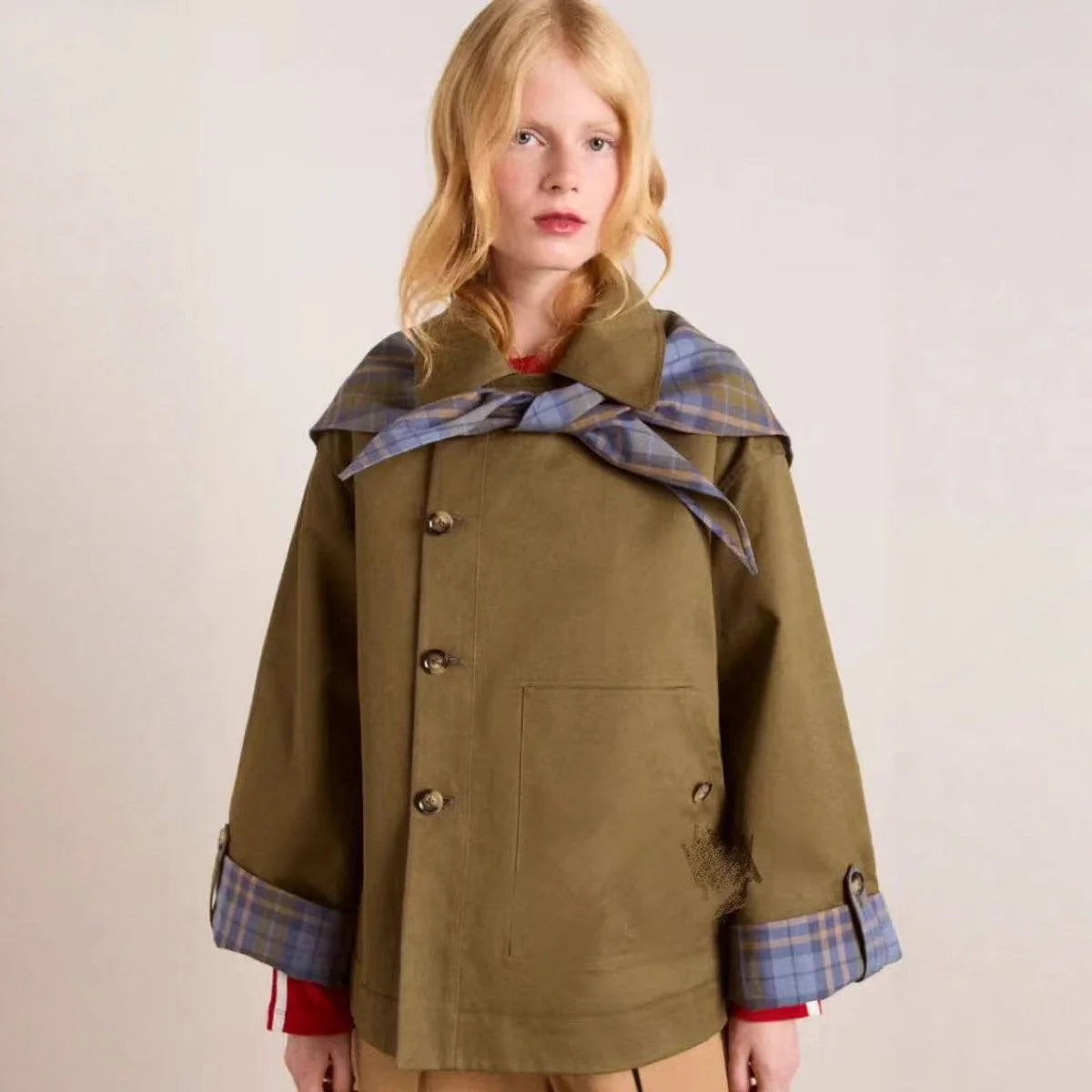Charlotte | Damen Oversized Trench Coat Karogefutterter Umlegekragen Zweireiher