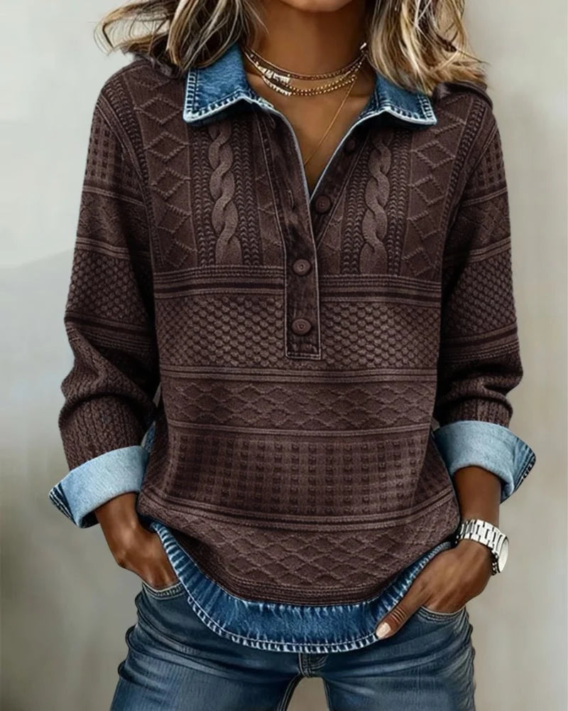 Charlotte | Damen Relaxed-Fit Halbknopf-Sweatshirt mit Denim-Kragen