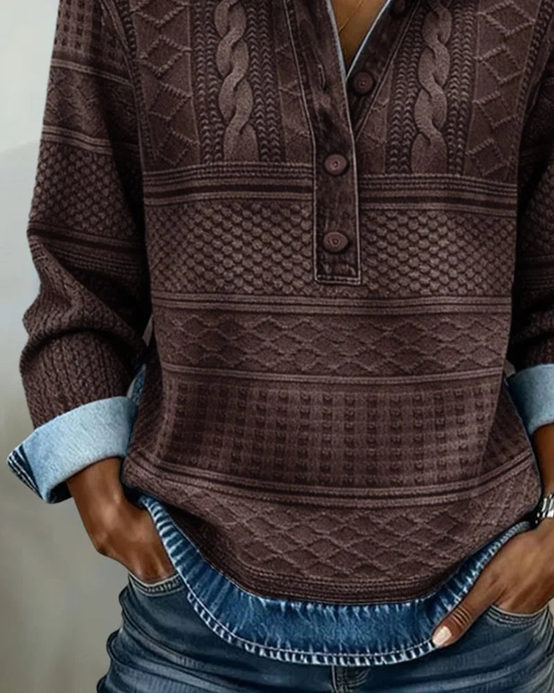 Charlotte | Damen Relaxed-Fit Halbknopf-Sweatshirt mit Denim-Kragen