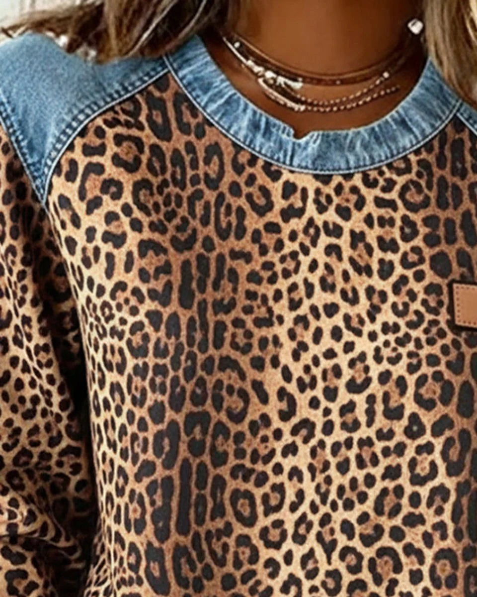 Charlotte | Damen Sweater Leopardenmuster Denim Patchwork Langarm Rundhals Sweatshirt