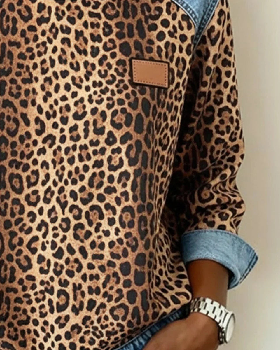 Charlotte | Damen Sweater Leopardenmuster Denim Patchwork Langarm Rundhals Sweatshirt
