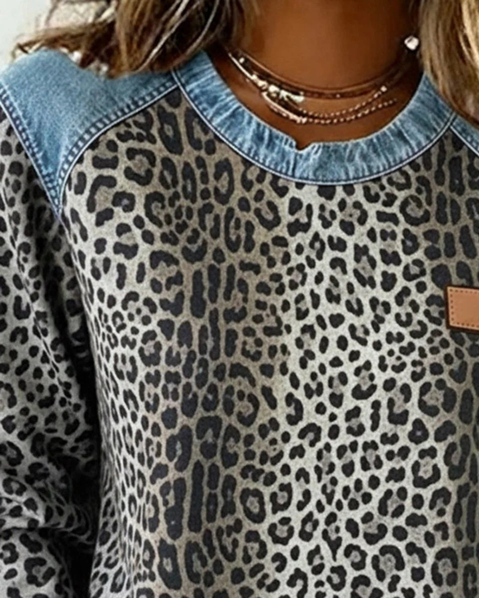 Charlotte | Damen Sweater Leopardenmuster Denim Patchwork Langarm Rundhals Sweatshirt