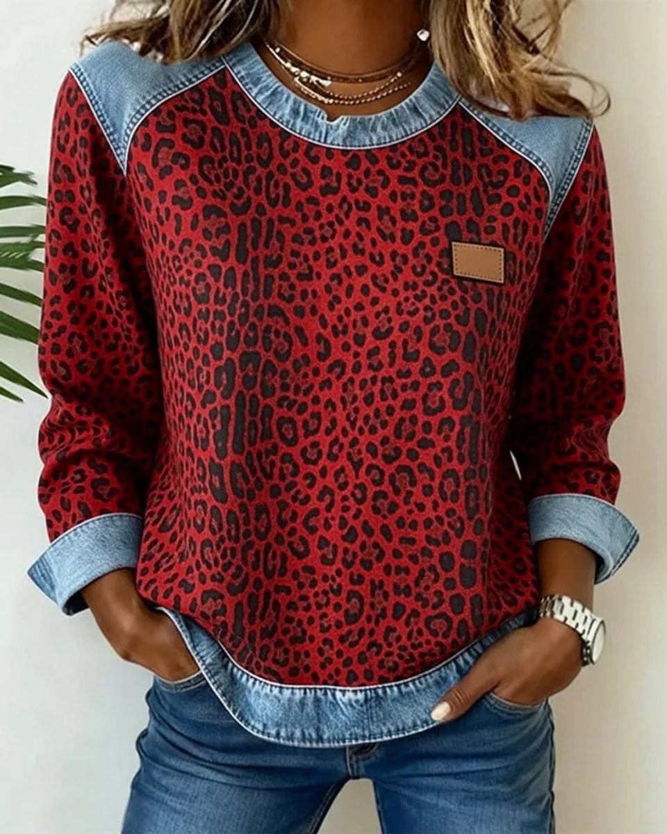 Charlotte | Damen Sweater Leopardenmuster Denim Patchwork Langarm Rundhals Sweatshirt