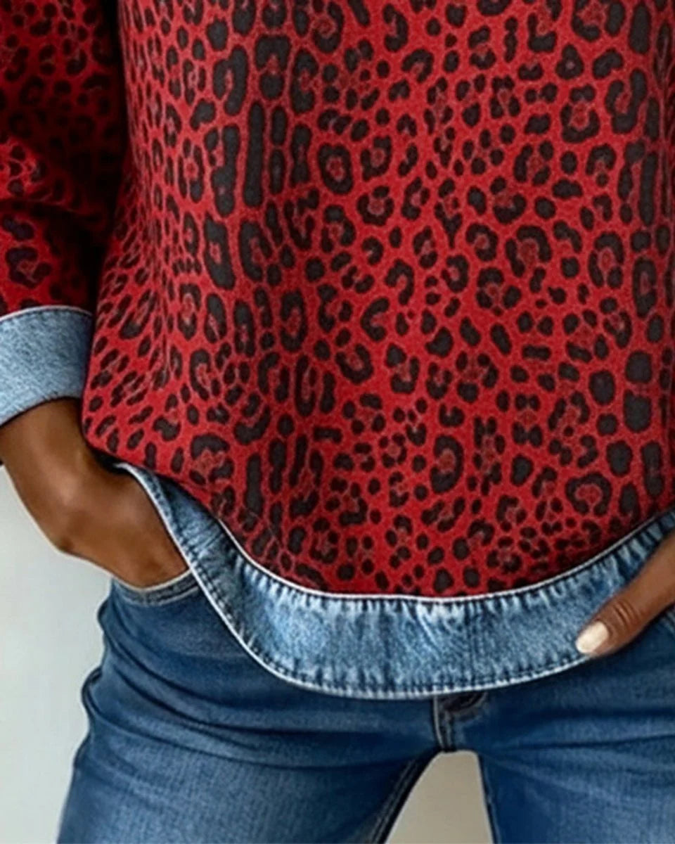 Charlotte | Damen Sweater Leopardenmuster Denim Patchwork Langarm Rundhals Sweatshirt