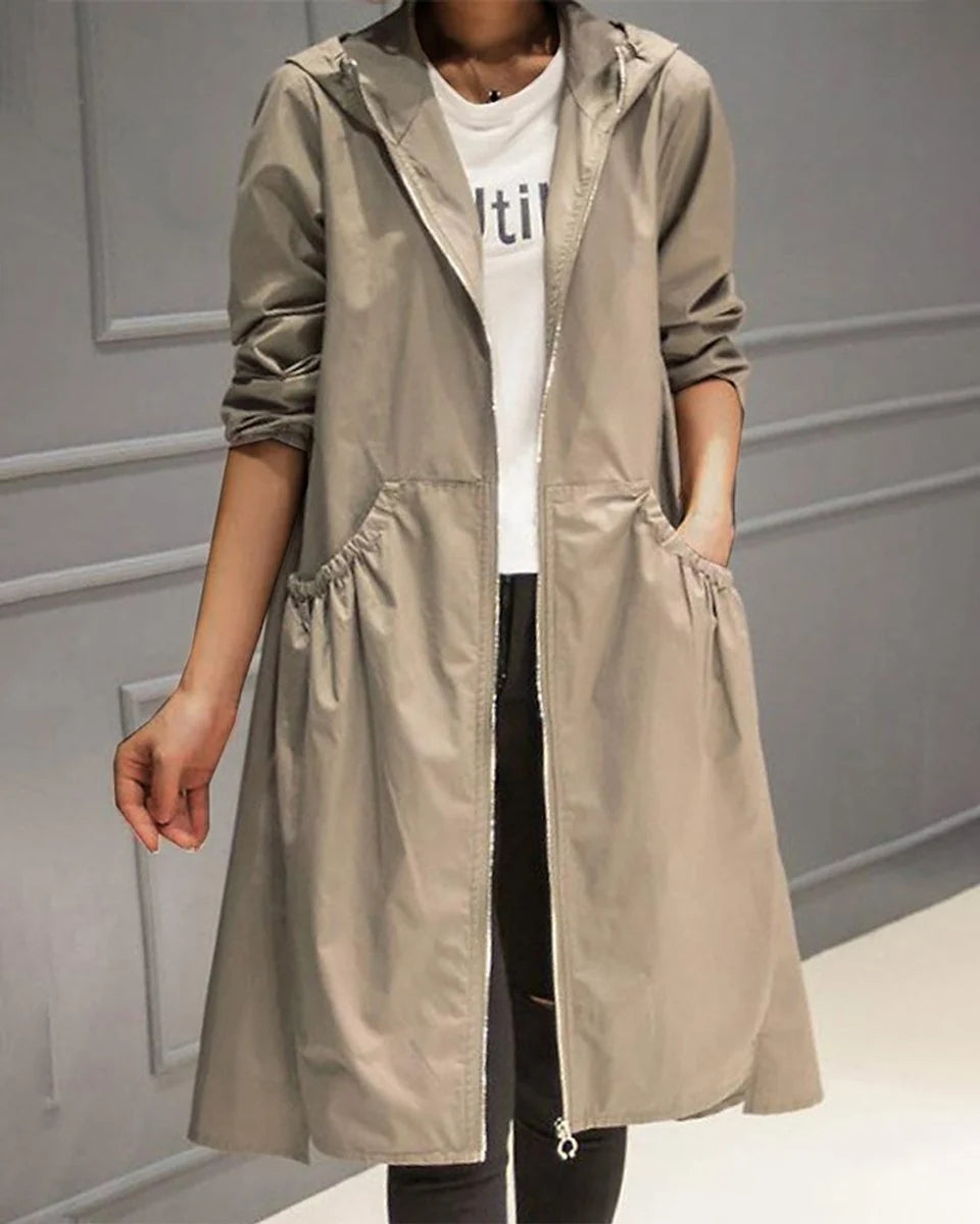 Charlotte | Damen Wasserabweisender Langer Kapuzen-Trenchcoat aus Polyester