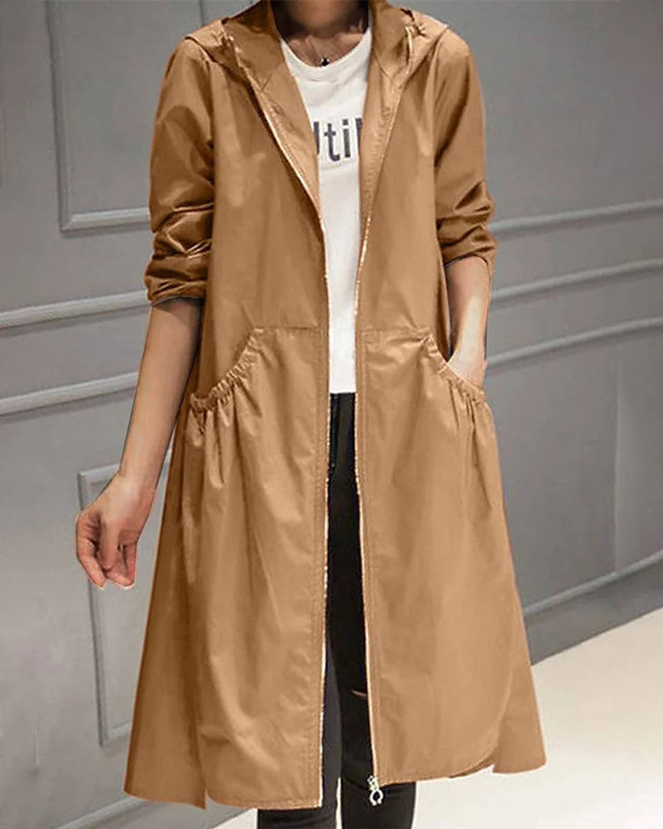 Charlotte | Damen Wasserabweisender Langer Kapuzen-Trenchcoat aus Polyester