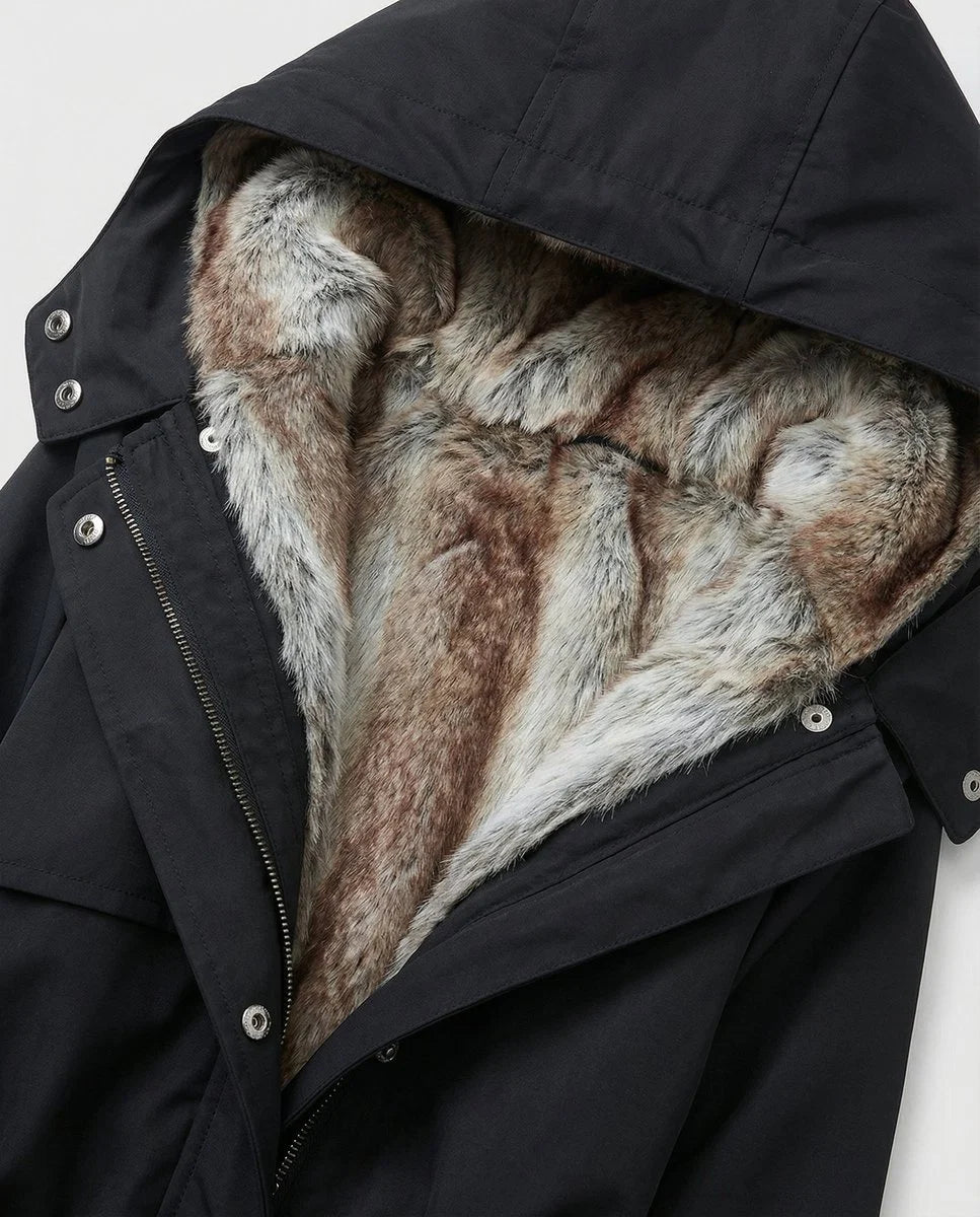 Charlotte | Wintermantel Damen Langer Gefütterter Parka mit Kunstfell-Kapuze