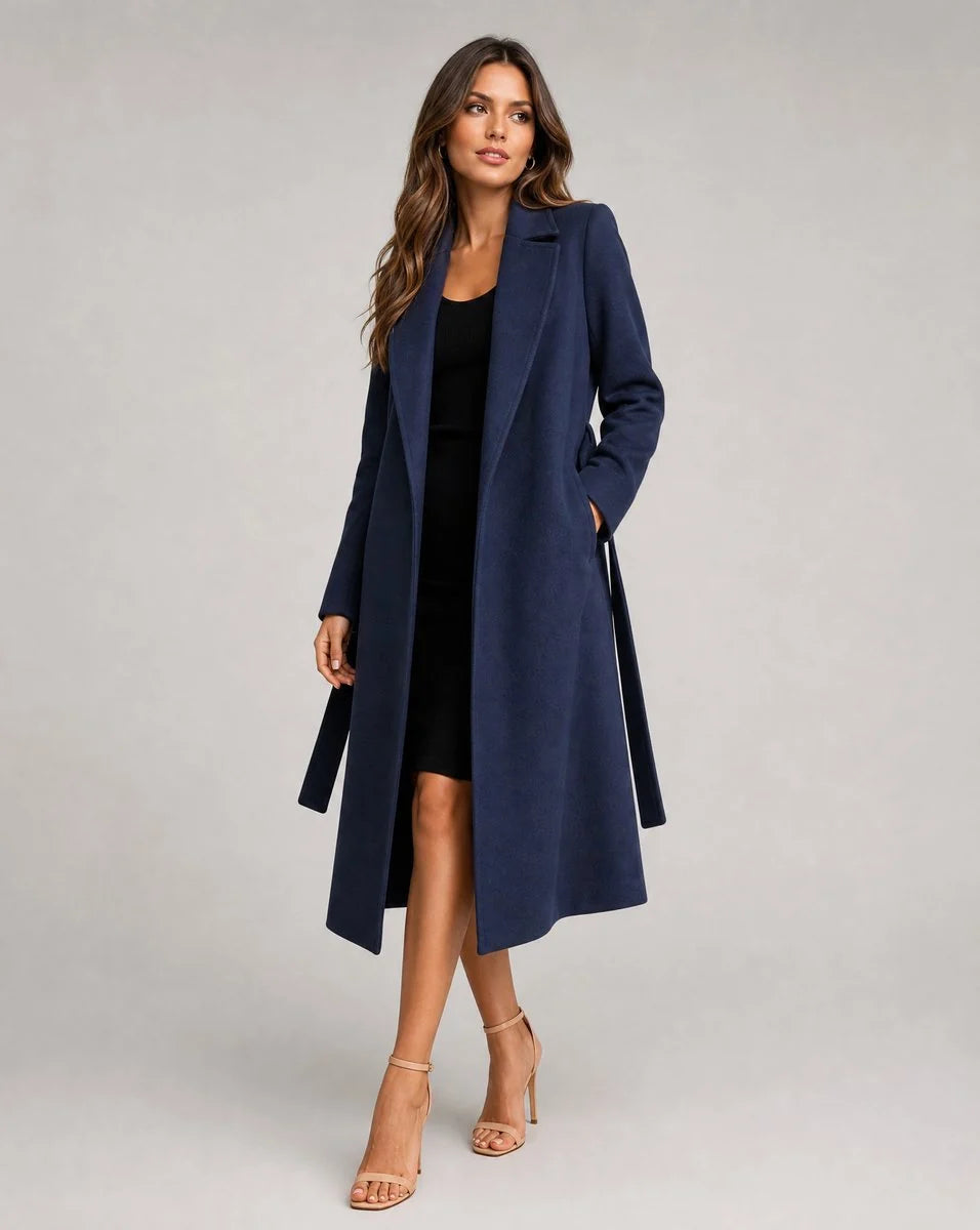 Clara | Damen Eleganter Gürtel-Wollmix Trench Coat Langer Wintermantel