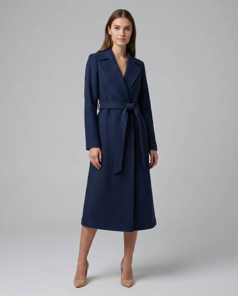 Clara | Damen Eleganter Gürtel-Wollmix Trench Coat Langer Wintermantel
