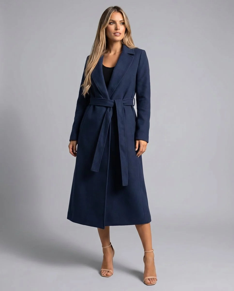 Clara | Damen Eleganter Gürtel-Wollmix Trench Coat Langer Wintermantel