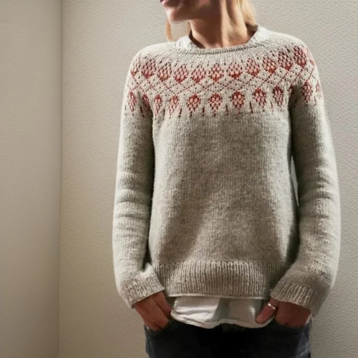 Clara | Damen Isländischer Rundhals Knit Sweater mit Jacquardmuster