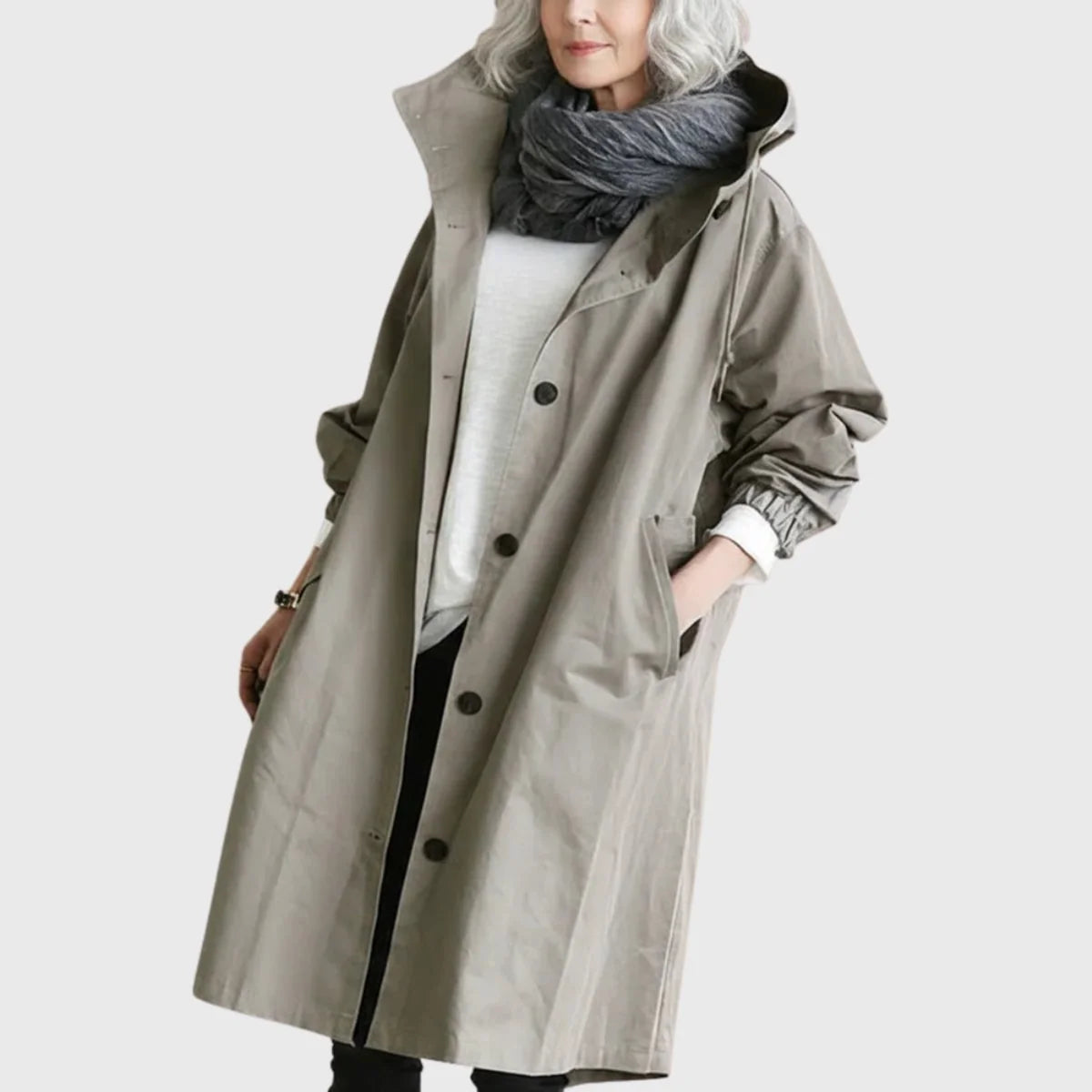 Clara | Damen Langer Wasserabweisender Kapuzen-Trenchcoat Weite Passform