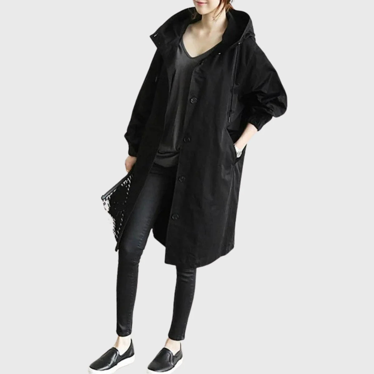 Clara | Damen Langer Wasserabweisender Kapuzen-Trenchcoat Weite Passform