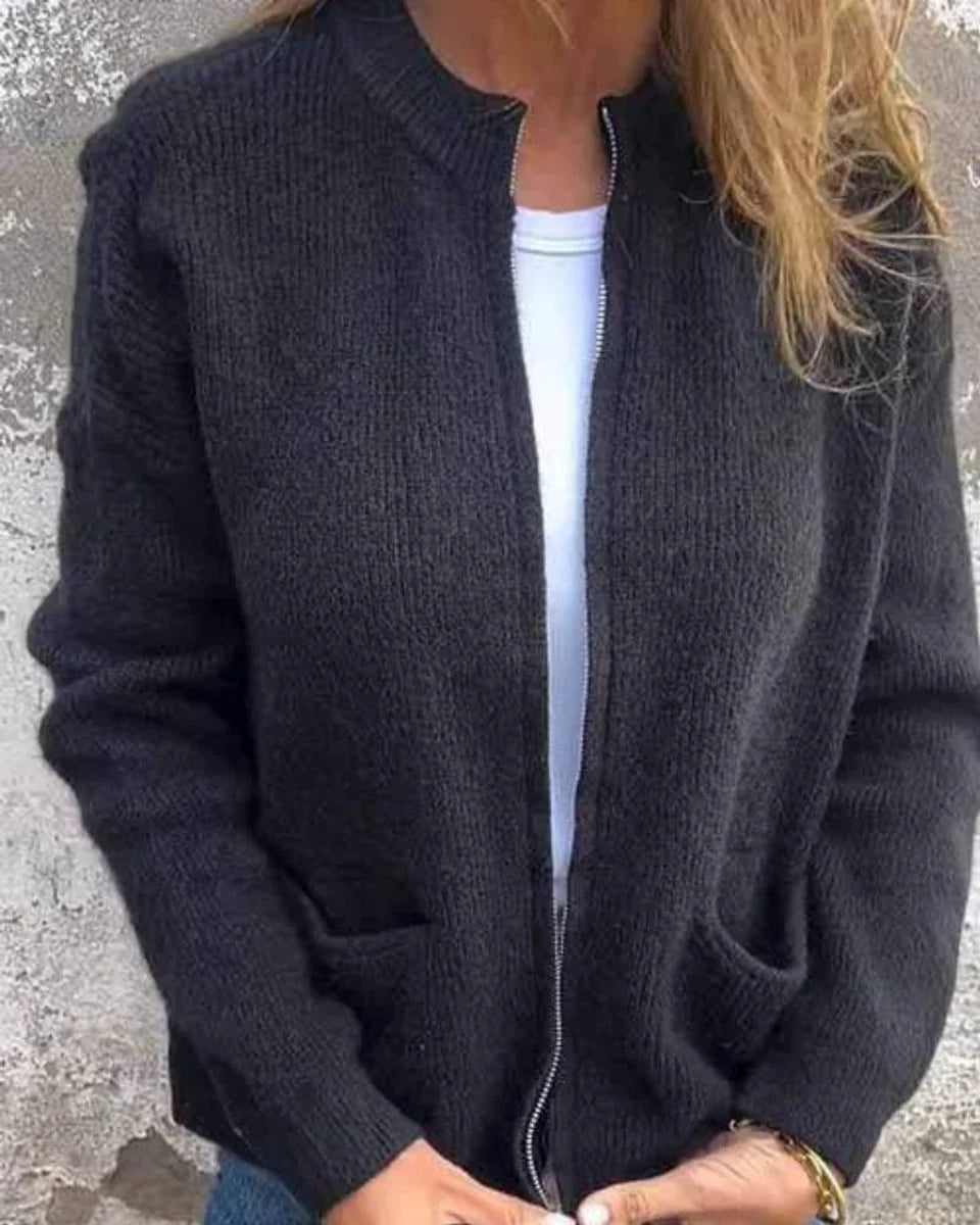 Clara | Damen Strick-Cardigan mit Reißverschluss lockere Passform Fronttaschen