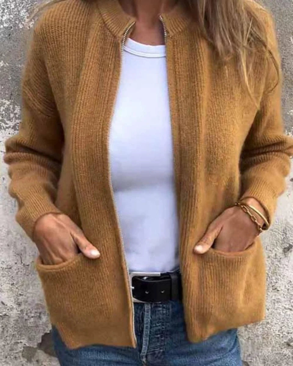 Clara | Damen Strick-Cardigan mit Reißverschluss lockere Passform Fronttaschen