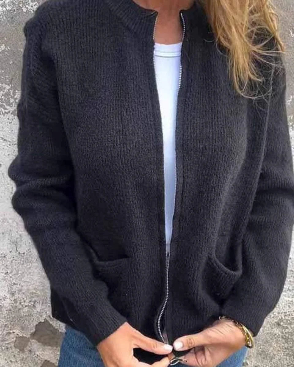 Clara | Damen Strick-Cardigan mit Reißverschluss lockere Passform Fronttaschen