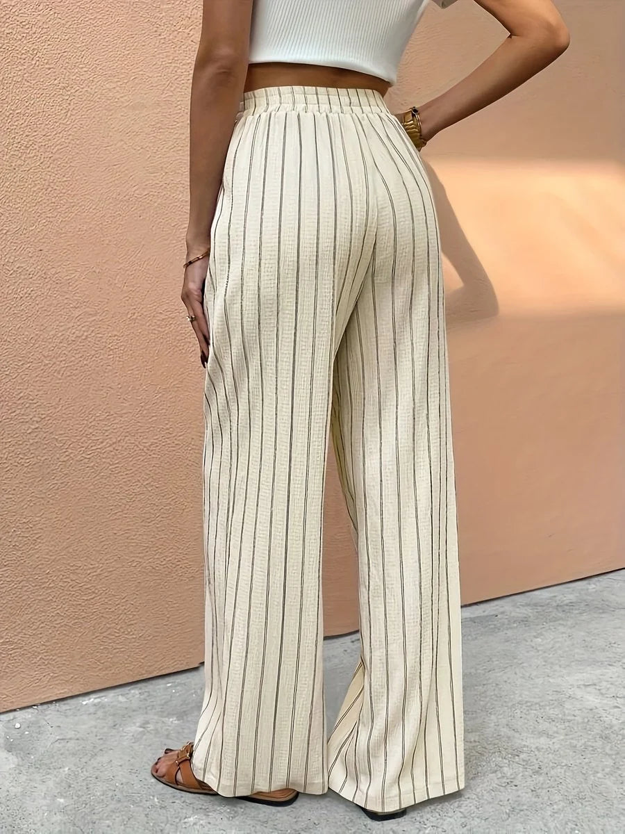 Lena | Damen Gestreifte Wide Leg Pants Leinenhose Elastischer Kordelzugbund