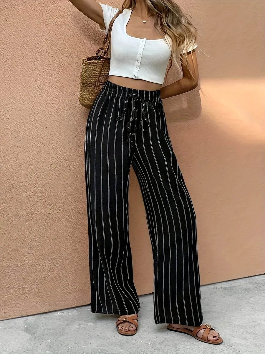 Lena | Damen Gestreifte Wide Leg Pants Leinenhose Elastischer Kordelzugbund