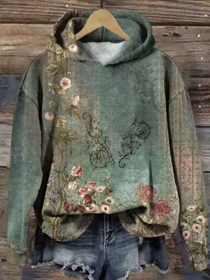 Elisabeth | Damen Oversized Floral Knit Sweater Hoodie mit Kapuze