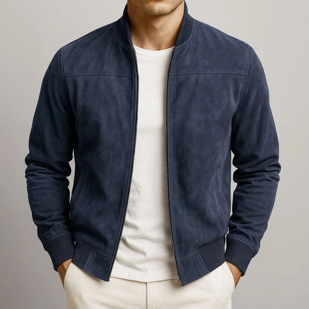 Dominik | Herren Slim-Fit Wildleder Bomber Steppjacke mit Reißverschluss