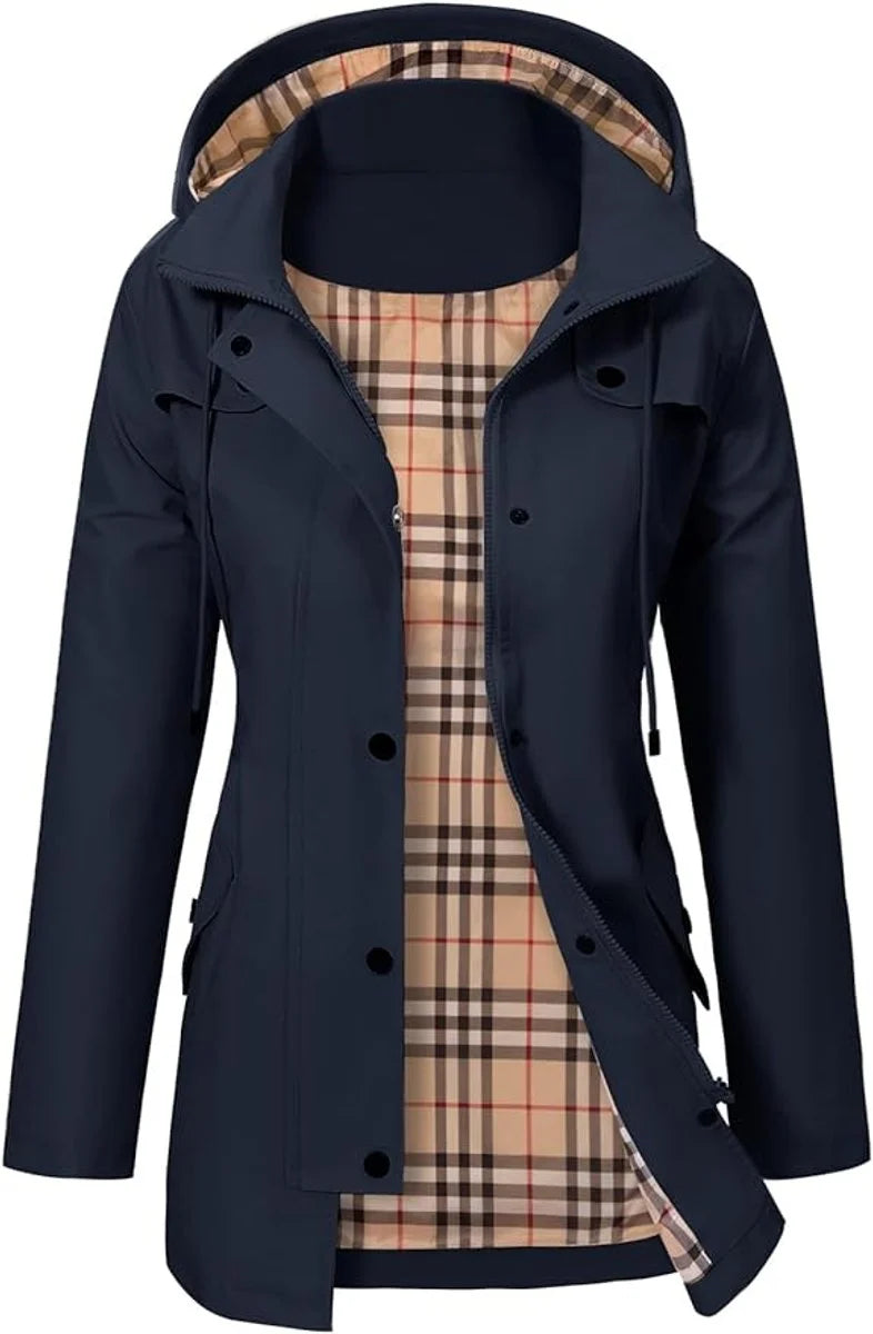 Elisabeth | Damen Coat Wasserdichter Kapuzen-Regenmantel Kariertes Fleecefutter