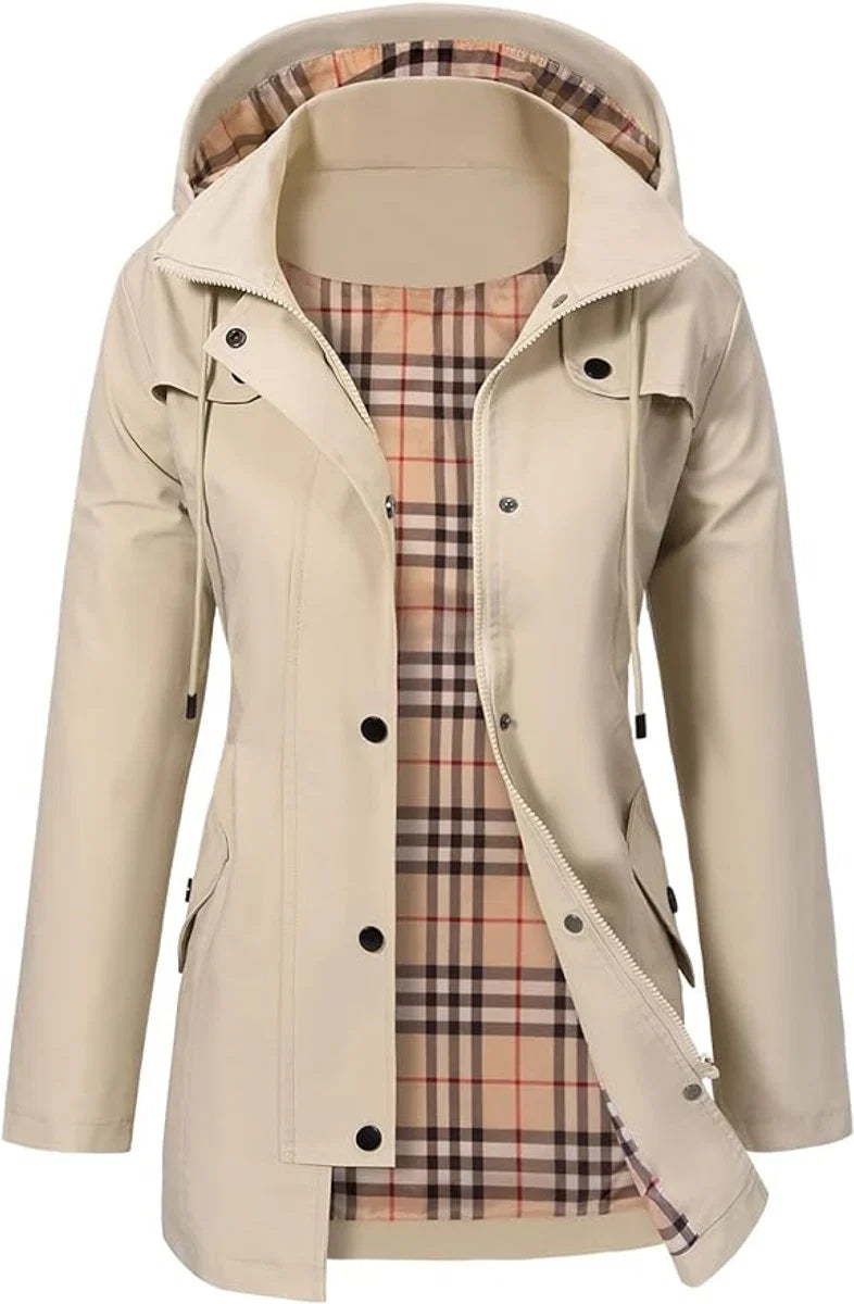 Elisabeth | Damen Coat Wasserdichter Kapuzen-Regenmantel Kariertes Fleecefutter