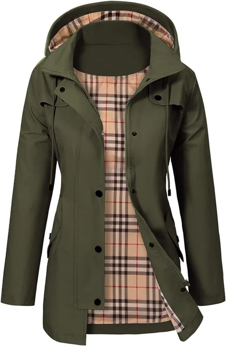 Elisabeth | Damen Coat Wasserdichter Kapuzen-Regenmantel Kariertes Fleecefutter