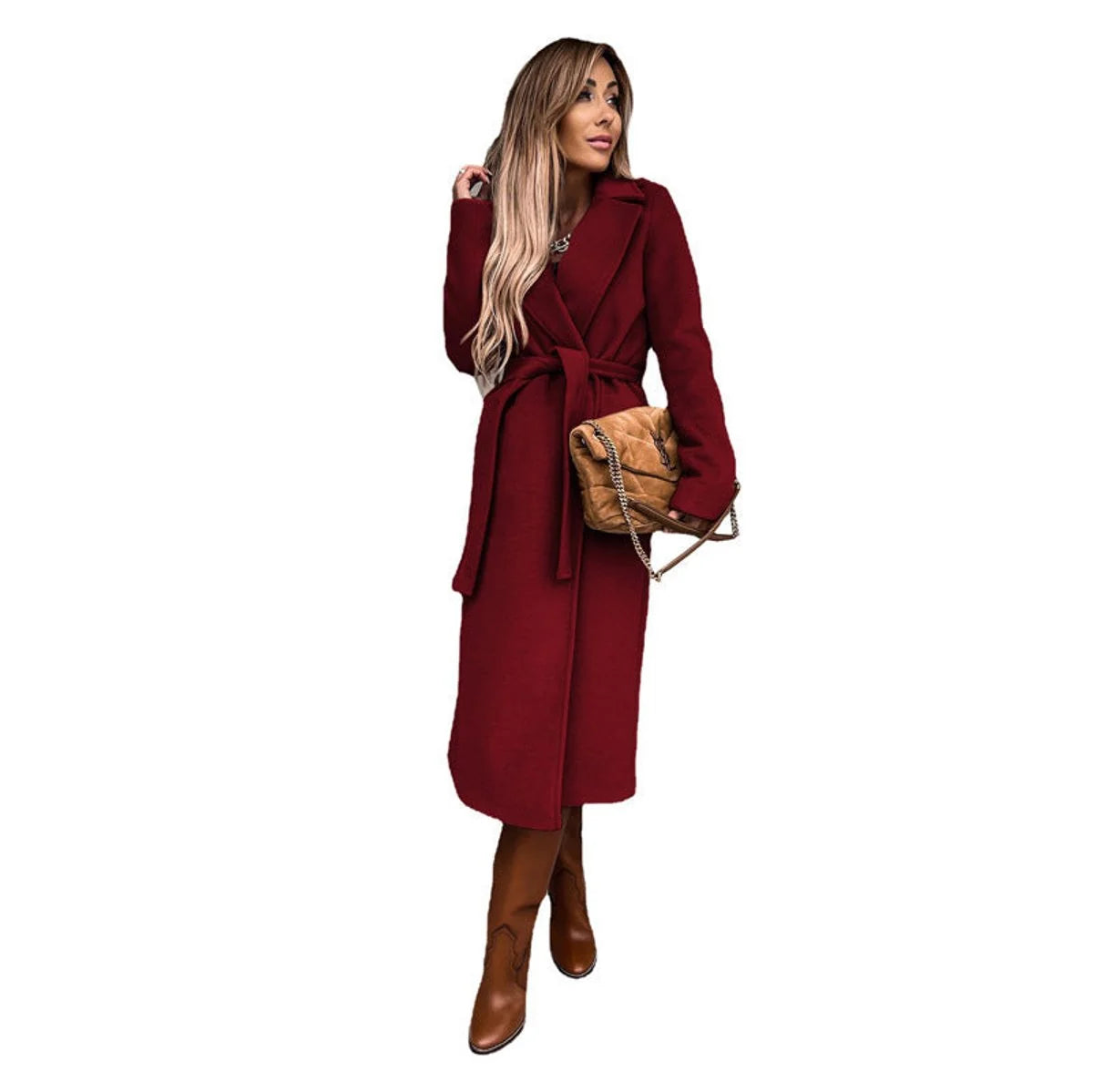 Elisabeth | Trenchcoat Damen Eleganter Langer Wollmantel mit Bindegürtel