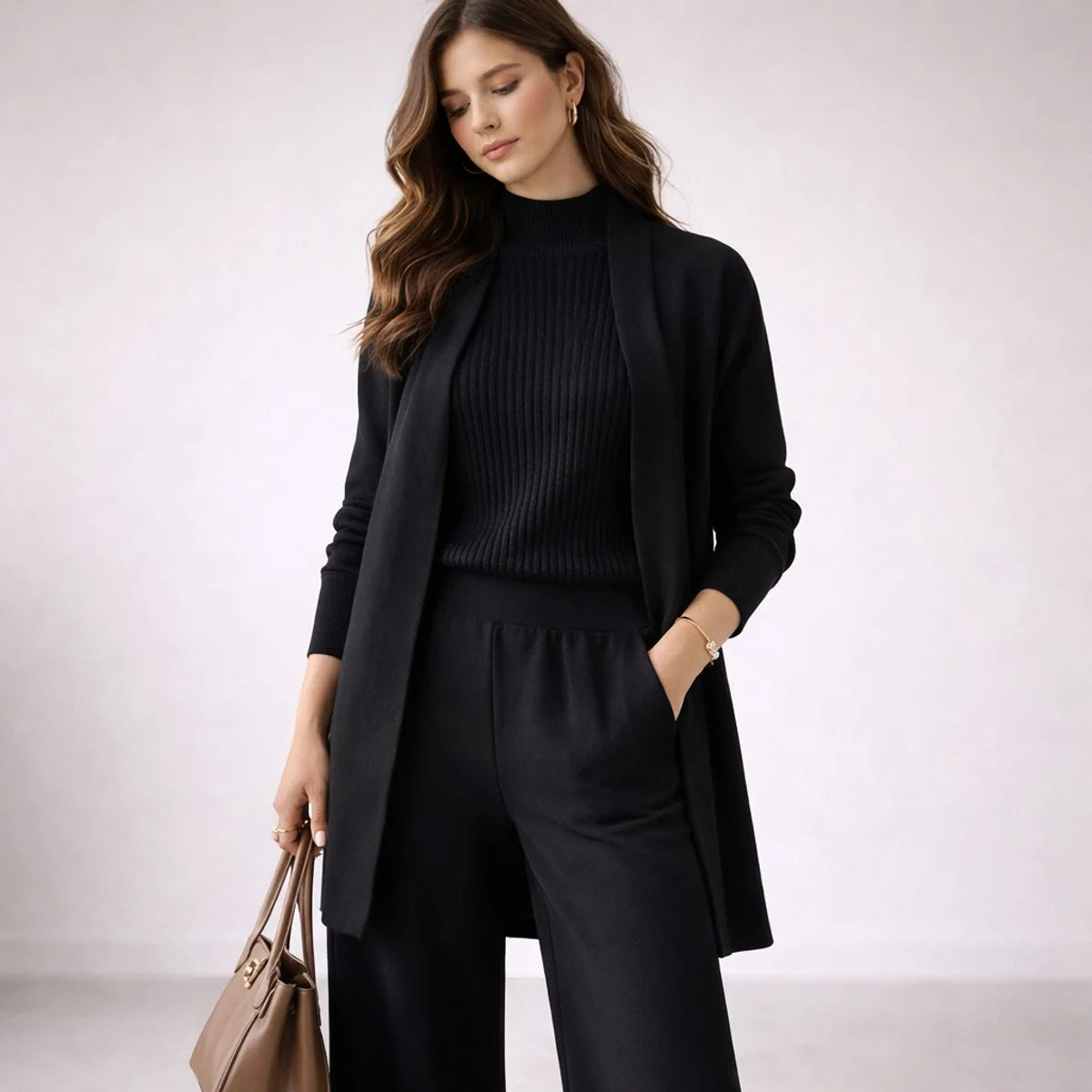 Emilia | Damen Dreiteiliges Strick-Loungewear-Set mit langem Cardigan