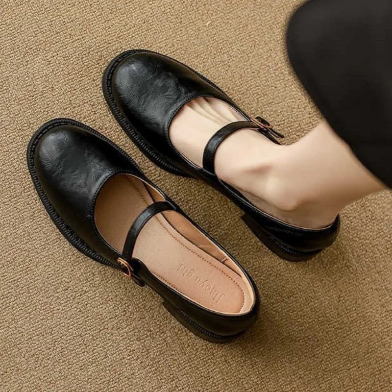 Emilia | Damen Leder Mary-Jane-Ballerinas verstellbarer Riemenschnalle niedrigem Blockabsatz