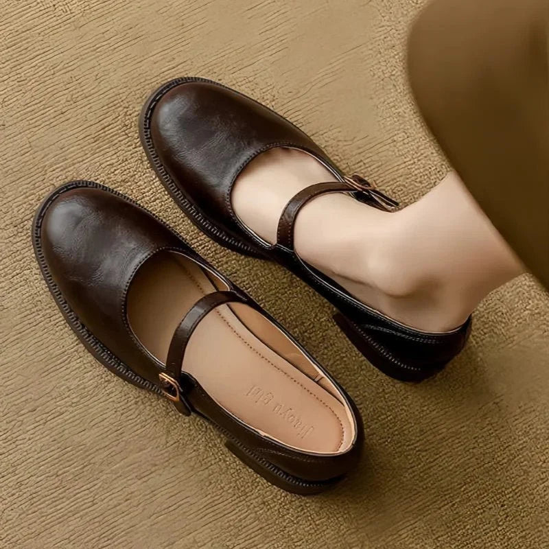 Emilia | Damen Leder Mary-Jane-Ballerinas verstellbarer Riemenschnalle niedrigem Blockabsatz