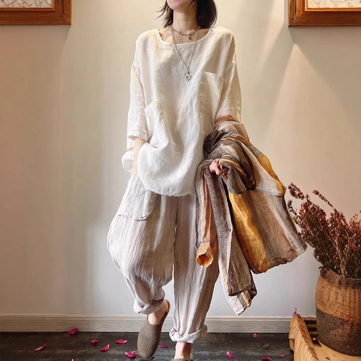 Emilia | Damen Relaxed-Fit Leinen Tunika mit Aufgesetzten Taschen