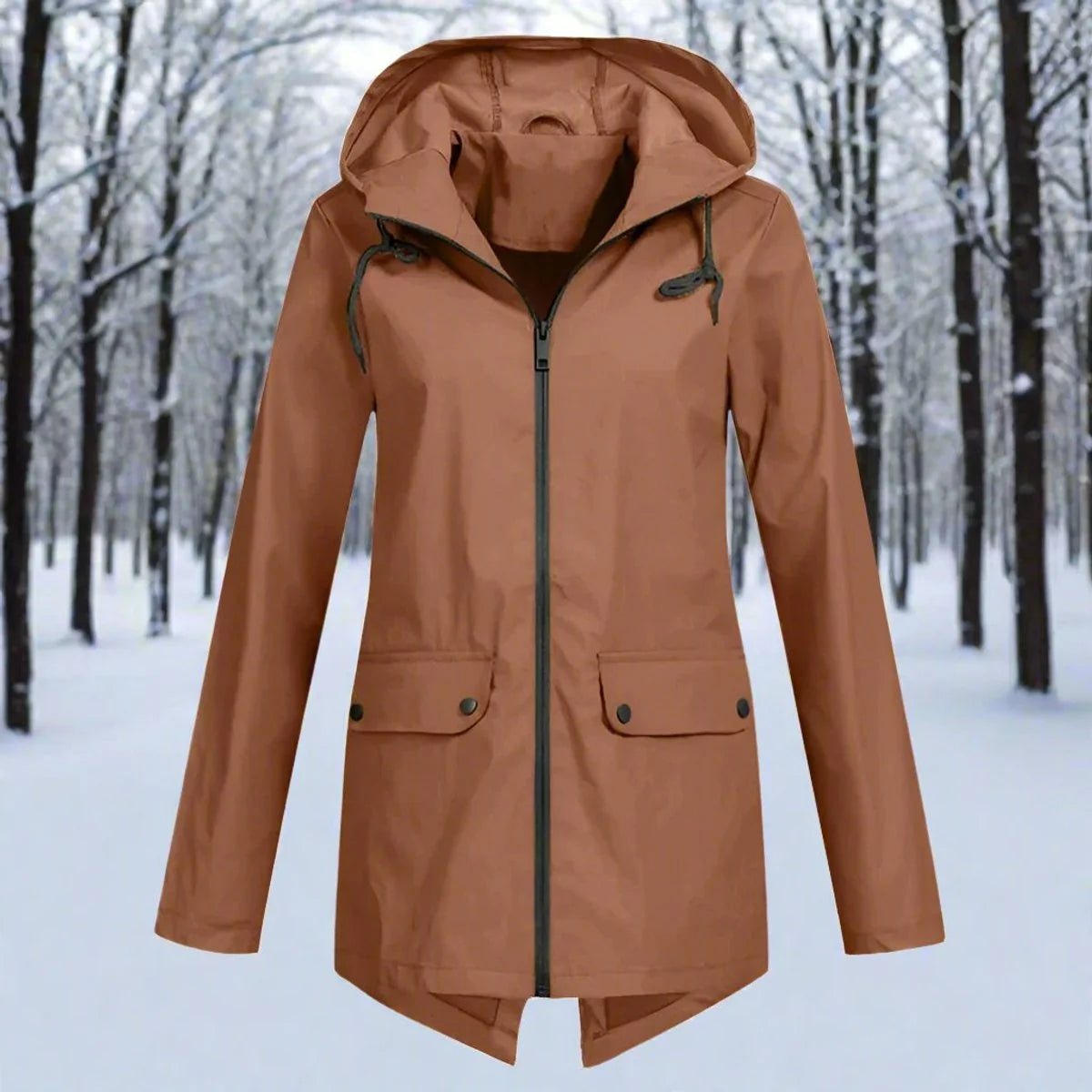 Emilia | Damen Wasserdichte Kapuzen-Regenjacke mit Reißverschluss Taschen