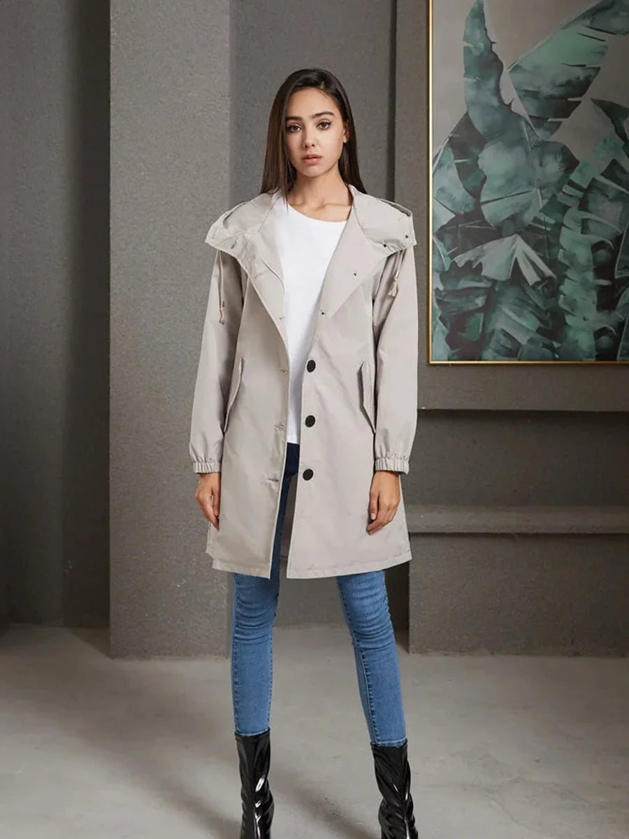 Emilia | Trenchcoat Damen Wasserabweisender Langer Mantel mit Kapuze