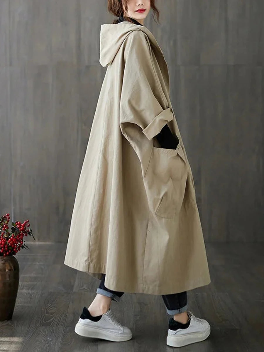 Frieda | Damen Langer Kapuzen-Trenchcoat Wasserabweisend Oversized