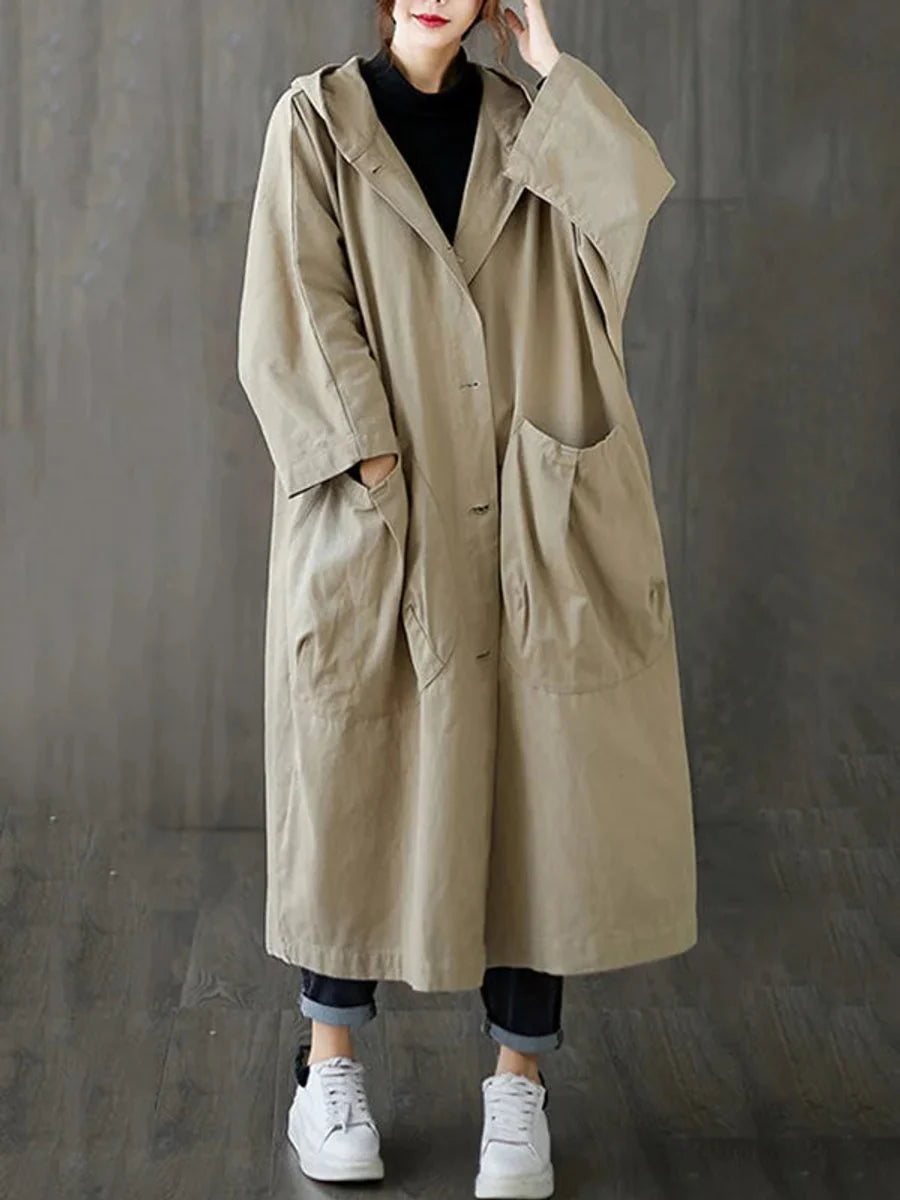 Frieda | Damen Langer Kapuzen-Trenchcoat Wasserabweisend Oversized