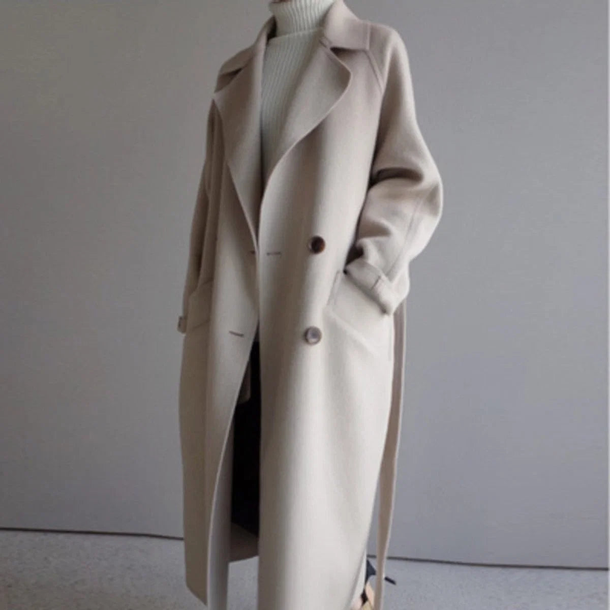 Frieda | Damen Mantel Langer Wollmantel mit Revers Doppelknöpfen