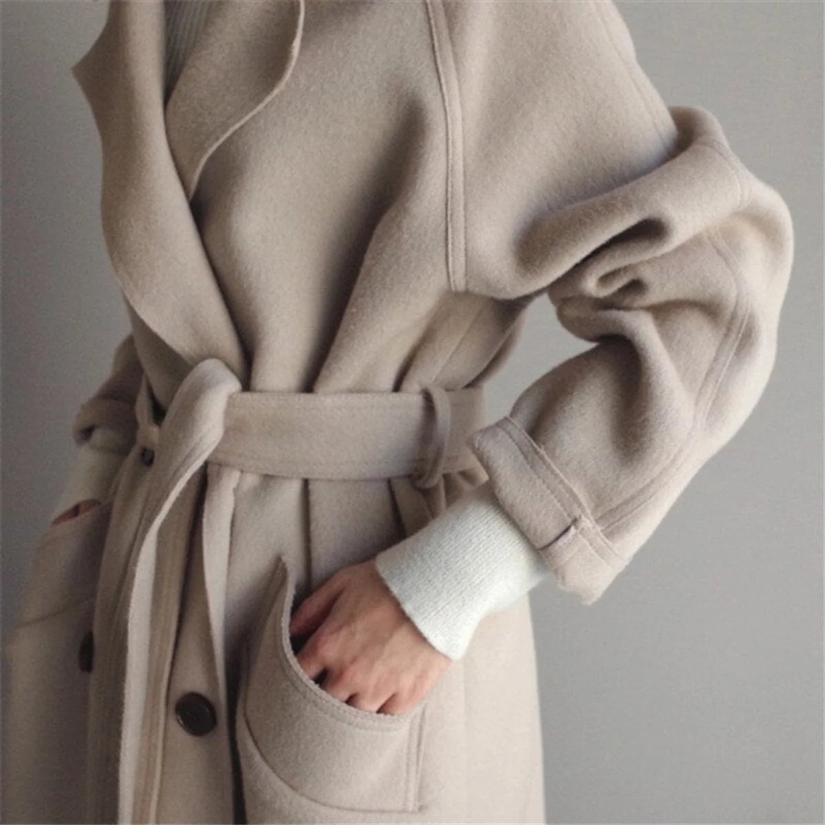 Frieda | Damen Mantel Langer Wollmantel mit Revers Doppelknöpfen