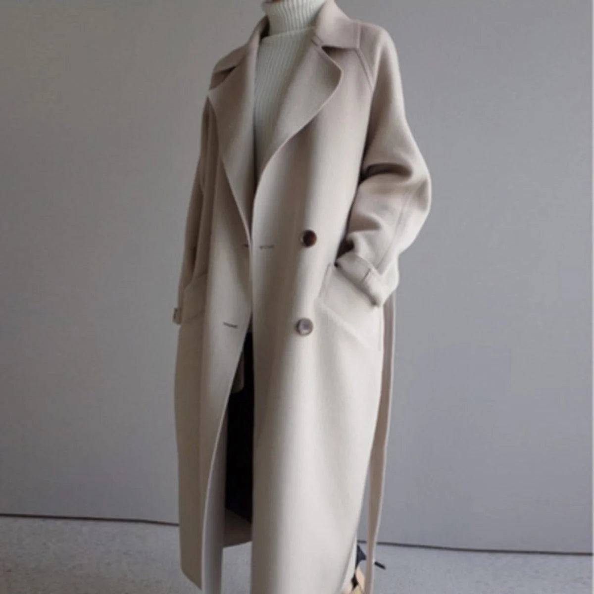 Frieda | Damen Mantel Langer Wollmantel mit Revers Doppelknöpfen