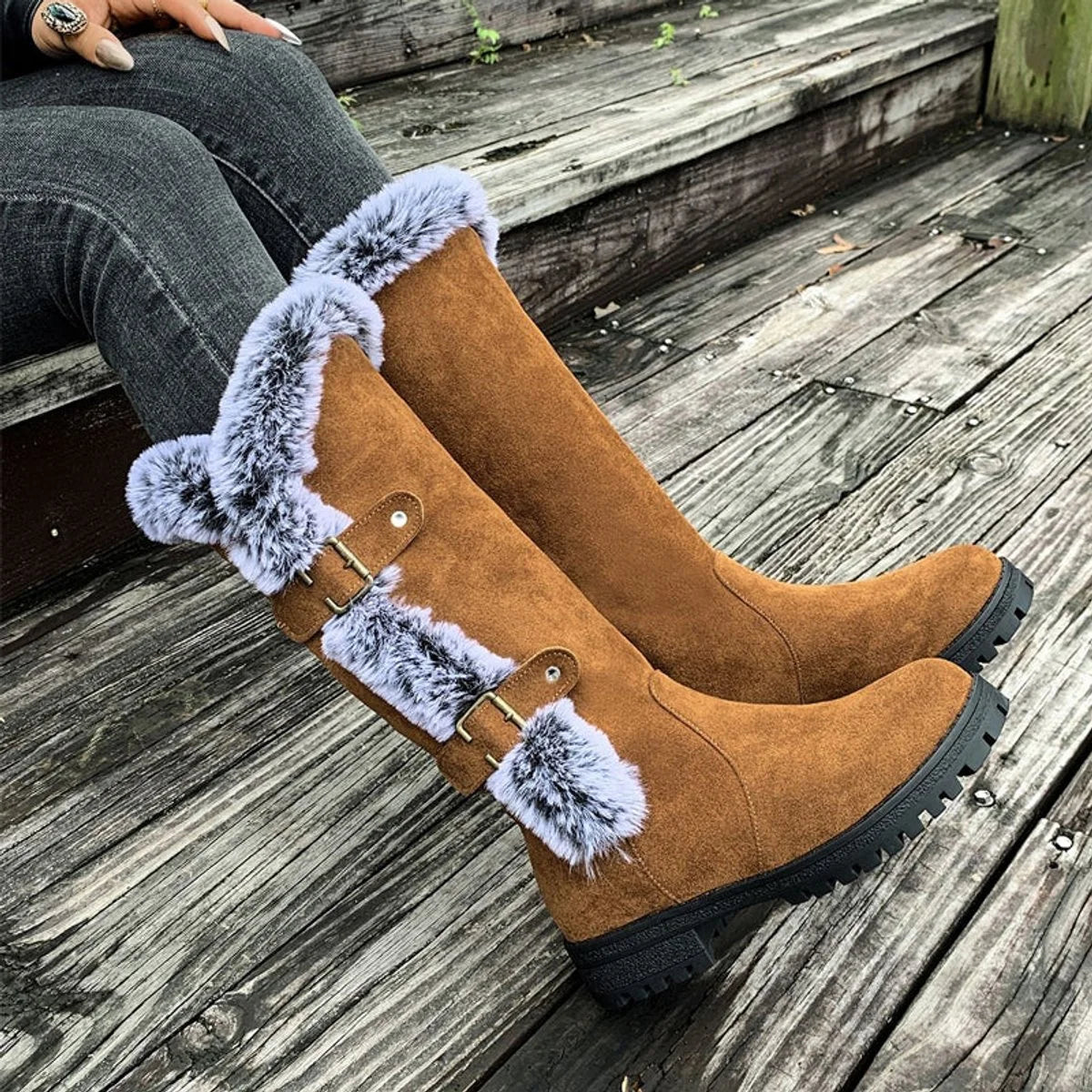 Hannah | Damen Gefütterte Kniehohe Stiefel mit Plüschbesatz Schnallen